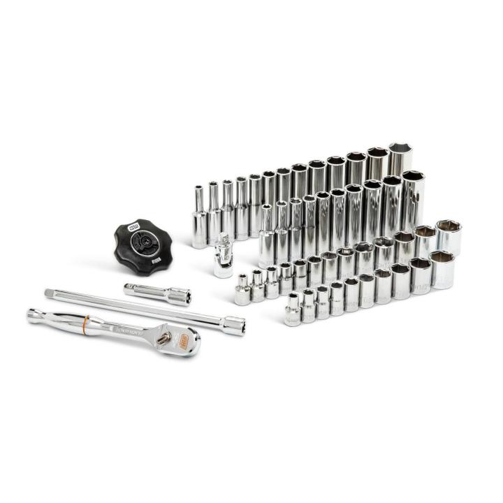 Image of the 51 Piece 1/4 Drive 6 Point Standard and Deep SAE/Metric Mechanics Tool Set on a white background showcasing the ratchet, sockets and extensions.