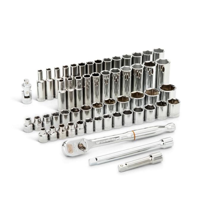 Image of the  GEARWRENCH  80550 57 Piece 3/8 Drive 12 Point Standard &amp; Deep SAE/Metric Mechanics Tool Set on a white background showcasing the ratchets, sockets and extensions.