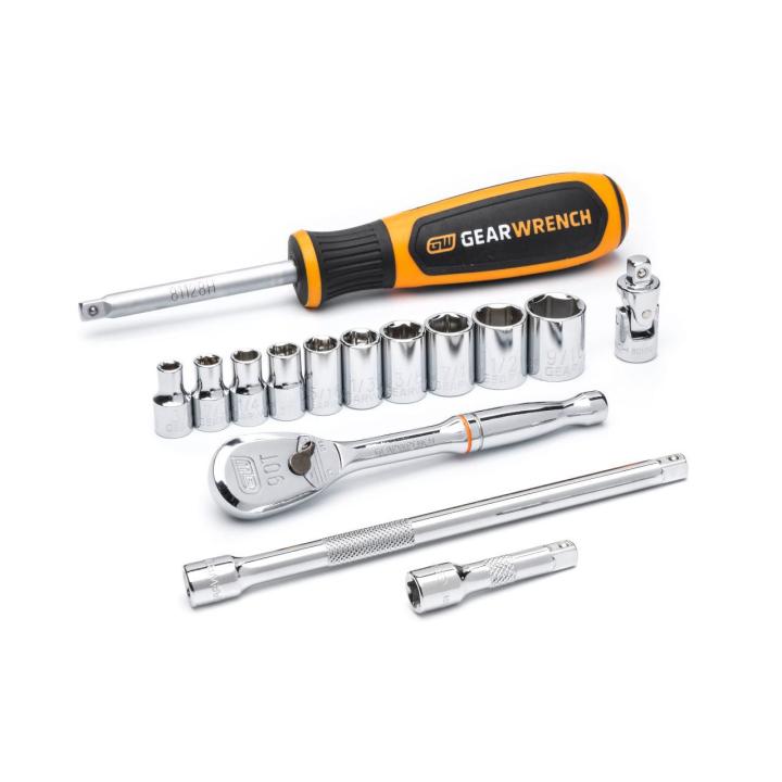 Image of the  GEARWRENCH  80650 22 Piece 3/8 Drive 12 Point Standard &amp; Deep SAE Mechanics Tool Set on a white background showcasing the ratchet, sockets, extensions and driver.