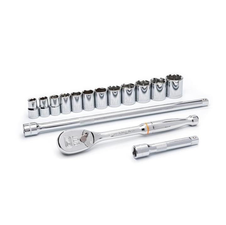 Image of the  GEARWRENCH  80706 23 Piece 1/2 Drive 12 Point Standard &amp; 6 Point Deep SAE Mechanics Tool Set on a white background showcasing the ratchet, sockets and extensions.