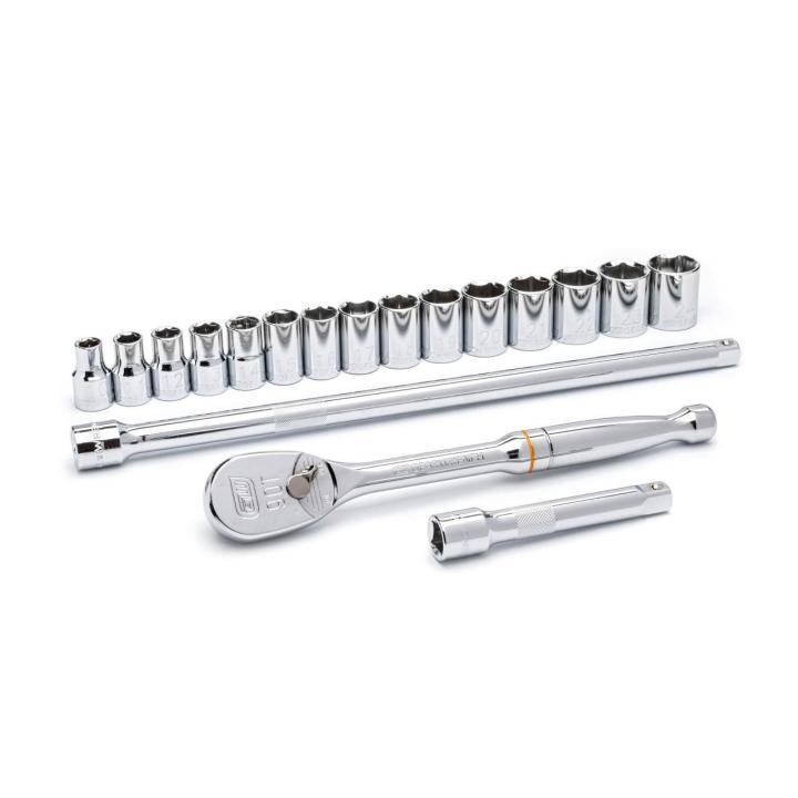 Image of the GEARWRENCH 80708 Mechanics Tool Set showing the ratchets, extensions and sockets on a white background