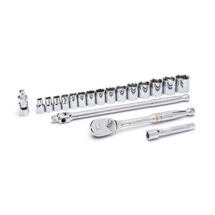 Image of the  GEARWRENCH  80791 19 Piece 1/2 Drive 12 Point Standard SAE Mechanics Tool Set on a white background showcasing the ratchet, sockets and extensions.