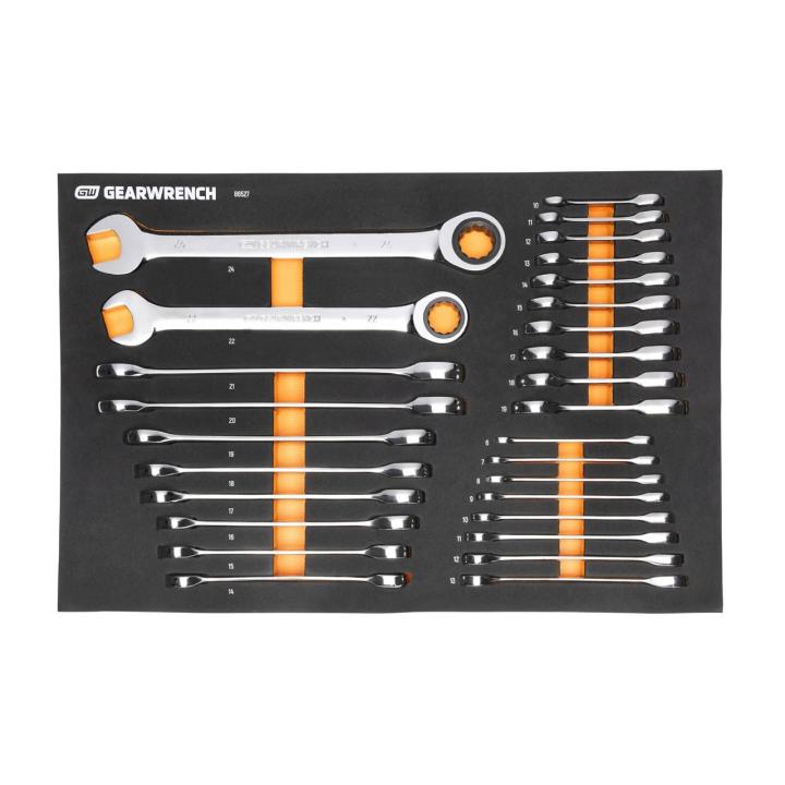 GEARWRENCH 28 Piece 72-Tooth 12 Point Metric Standard and Stubby Combination Ratcheting Wrench Set with Foam Storage Tray on a white background