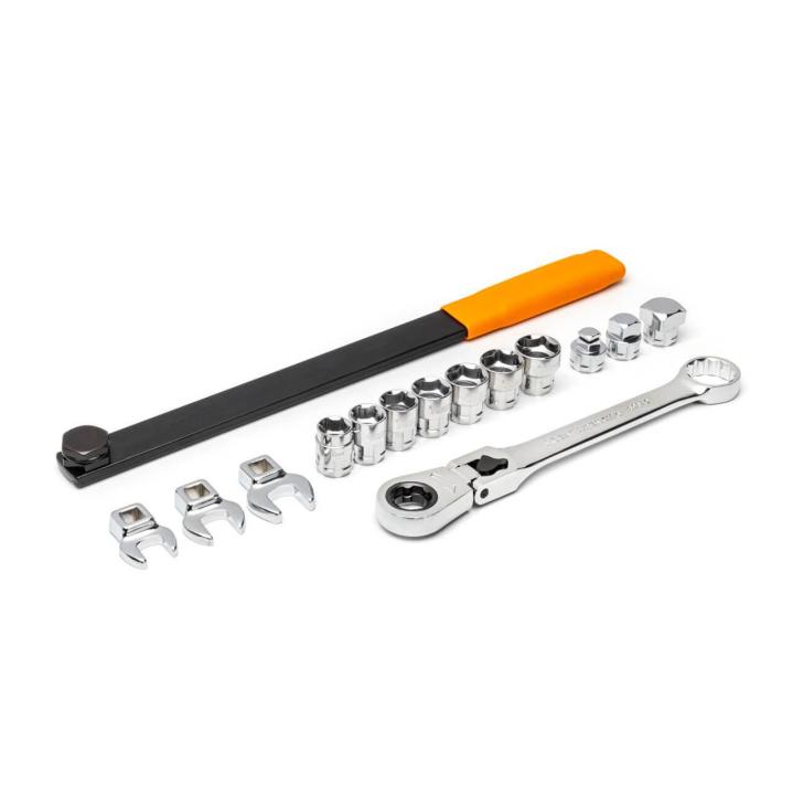 GEARWRENCH 15 Piece Serpentine Belt Tool Set with Locking Flex Head Ratcheting Wrench on a white background
