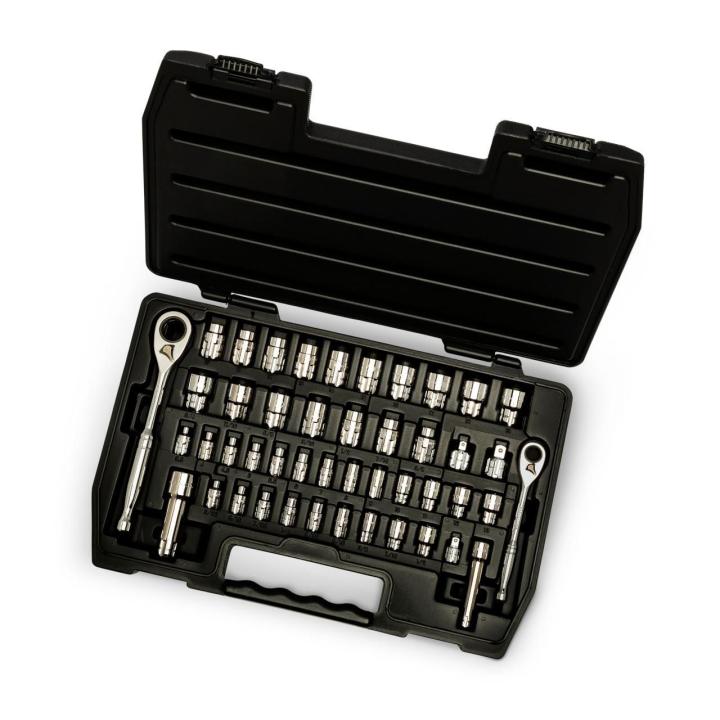 Image of the 46 Piece 1/4" &amp; 3/8" Drive Pass-Thru 6 Point SAE/Metric Tool Set in its case with the lid open on a white background.